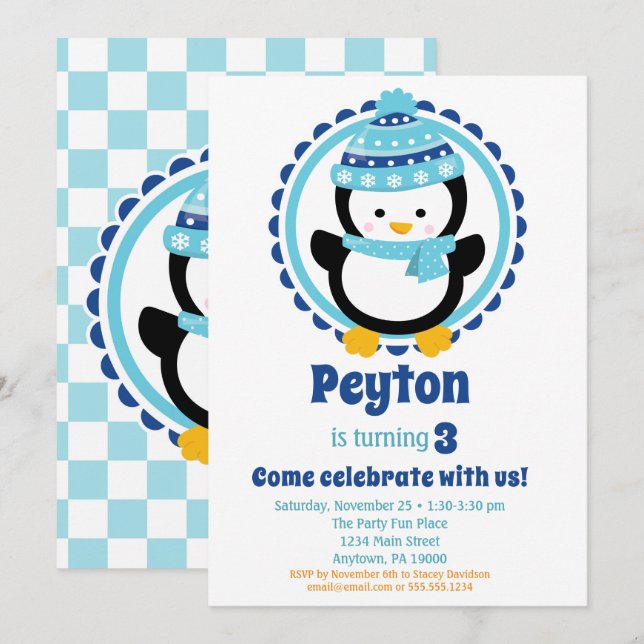 Baby Penguin Blue Winter Birthday Party Invitation (Front/Back)