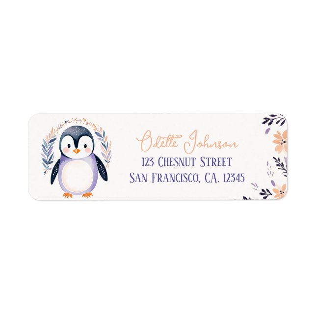 Baby Penguin Boho Floral Design - Return Address (Front)
