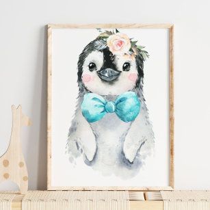 Baby Penguin Floral Bow Tie   Nursery Print