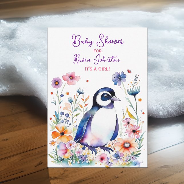 Baby Penguin in Flowers Girl's Baby Shower Invitation (Creator Uploaded)