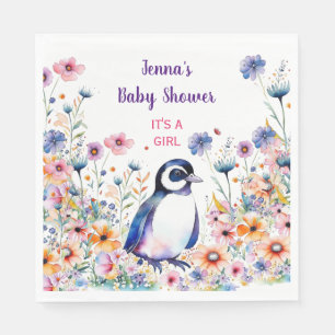 Baby Penguin in Flowers It's a Girl Baby Shower Napkin