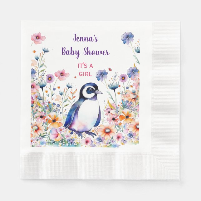 Baby Penguin in Flowers It's a Girl | Baby Shower Napkin (Front)