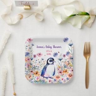 Baby Penguin in Flowers It's a Girl Baby Shower Paper Plate