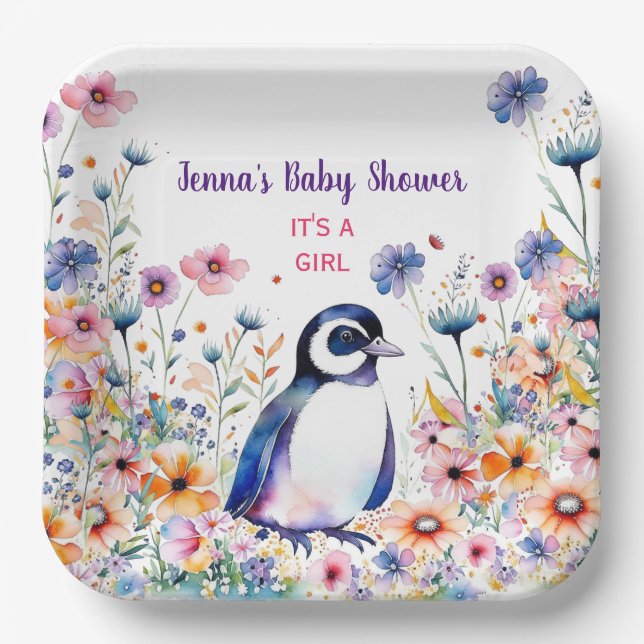 Baby Penguin in Flowers It's a Girl | Baby Shower Paper Plate (Front)