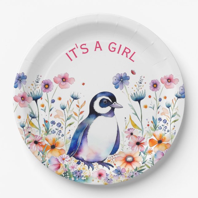 Baby Penguin in Flowers It's a Girl | Baby Shower Paper Plate (Front)