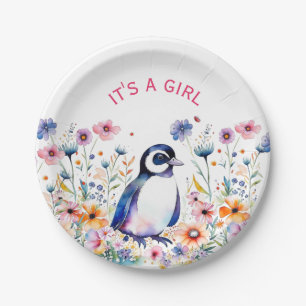 Baby Penguin in Flowers It's a Girl Baby Shower Paper Plate
