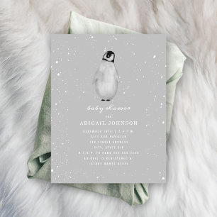 Baby Penguin Neutral Grey Baby Shower Invitation