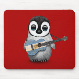 Baby Penguin Playing Argentinian Flag Guitar Red Mouse Mat