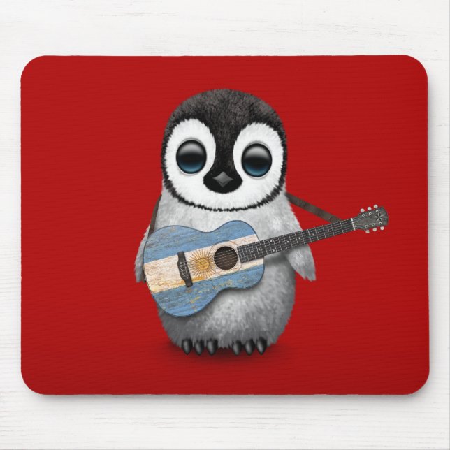 Baby Penguin Playing Argentinian Flag Guitar Red Mouse Mat (Front)