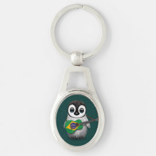 Baby Penguin Playing Brazilian Flag Guitar Teal Key Ring