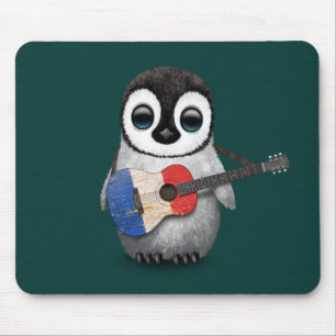Baby Penguin Playing French Flag Guitar Teal Mouse Mat