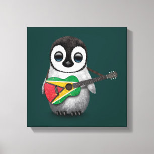 Baby Penguin Playing Guyana Flag Guitar Teal Canvas Print