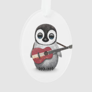 Baby Penguin Playing Latvian Flag Guitar Ornament