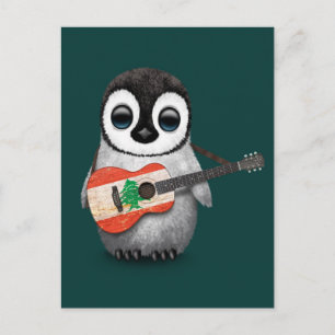 Baby Penguin Playing Lebanese Flag Guitar Teal Postcard