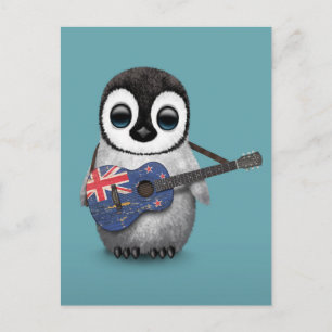 Baby Penguin Playing New Zealand Flag Guitar Blue Postcard