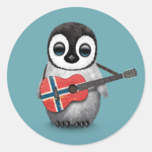 Baby Penguin Playing Norwegian Flag Guitar Blue Classic Round Sticker