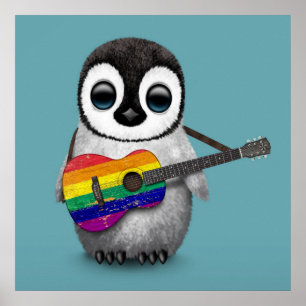 Baby Penguin Playing Rainbow Flag Guitar Blue Poster