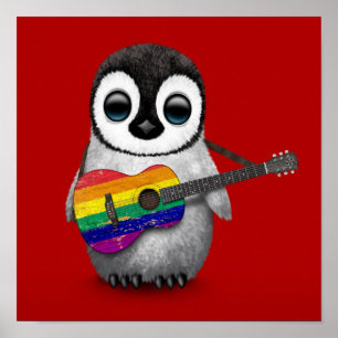Baby Penguin Playing Rainbow Flag Guitar Red Poster