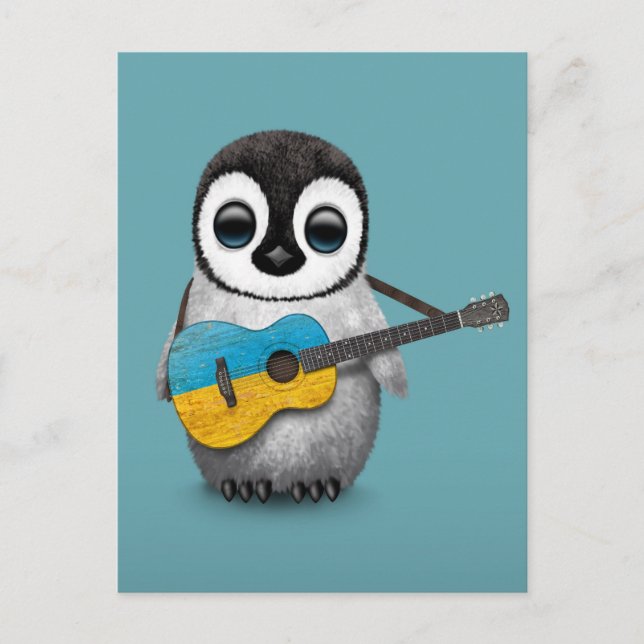 Baby Penguin Playing Ukrainian Flag Guitar Blue Postcard (Front)