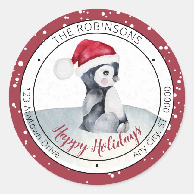 Baby Penguin | Santa Hat Happy Holidays Family Classic Round Sticker (Front)