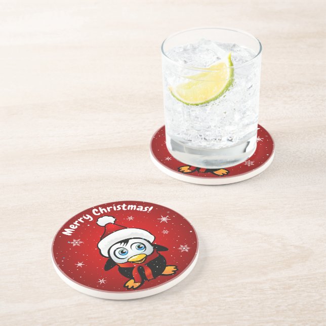 Baby Penguin With Santa Hat Coaster (Side)