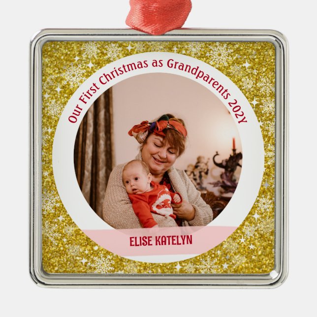 Baby Photo 1st Christmas As Grandparents Golden Metal Tree Decoration (Front)
