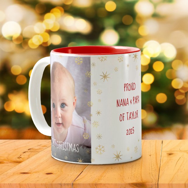 Baby Photo 1st Christmas Grandparents Snowflakes Two-Tone Coffee Mug (Creator Uploaded)