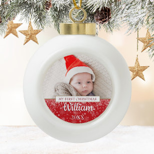 Baby Photo 1st Christmas Script Snowflakes Ceramic Ball Christmas Ornament