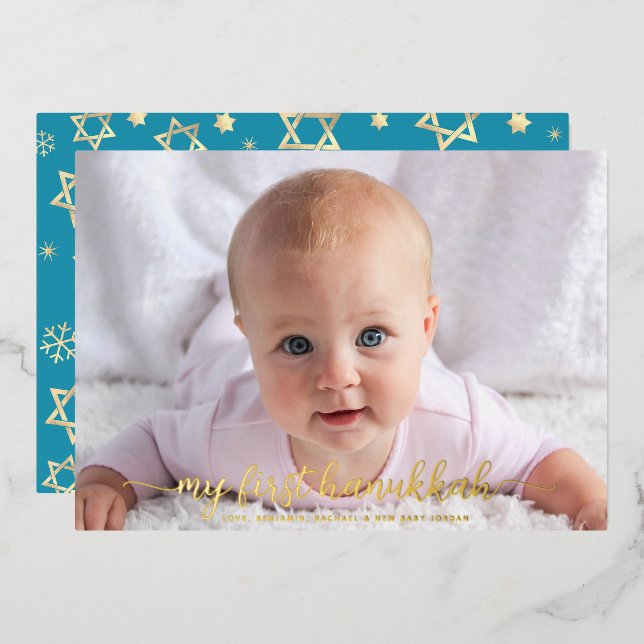 Baby Photo 1st Hanukkah Star of David Real Gold Foil Holiday Card (Front/Back)