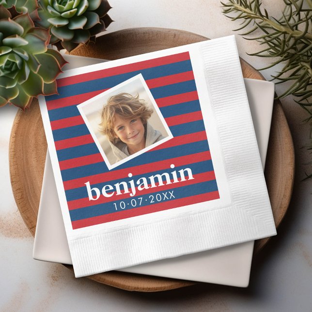 Baby Photo and Birthday Cute Boy Striped Pattern Napkin (Custom Party Napkins)