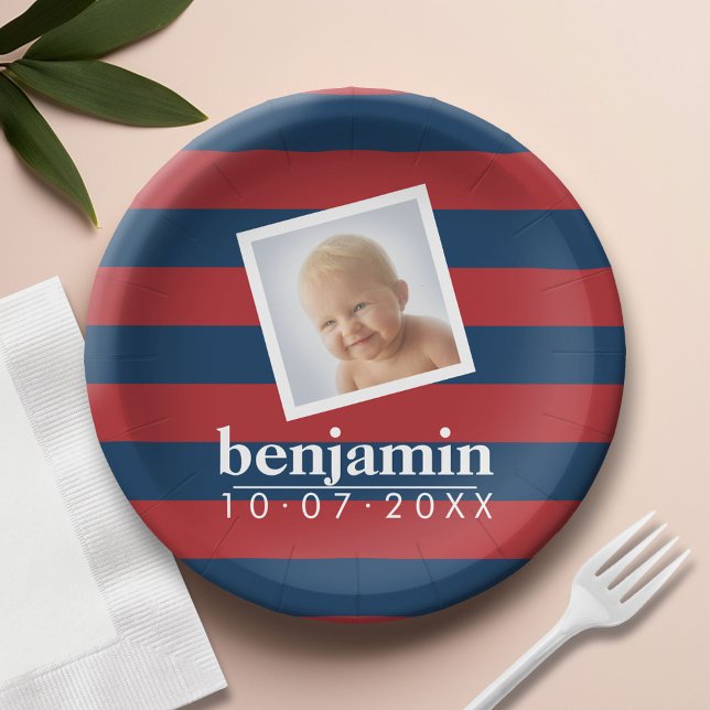 Baby Photo and Birthday Cute Boy Striped Pattern Paper Plate (Custom Paper Plate)