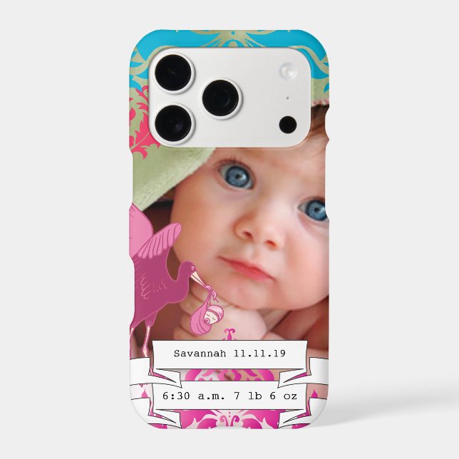 Baby Photo Baby Stats Damask Name or Quote (Back)