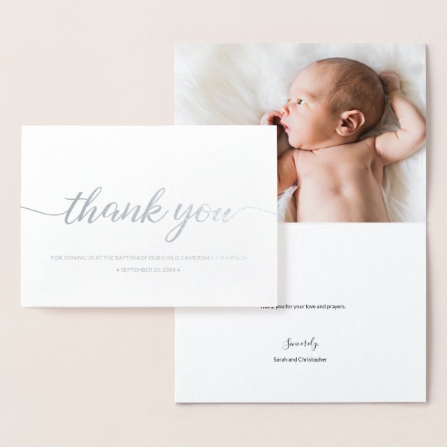 Baby Photo Baptism thank you Elegant Calligraphy Foil Card (Display)