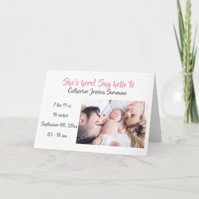 Baby photo birth announcement modern pink grey (Front)