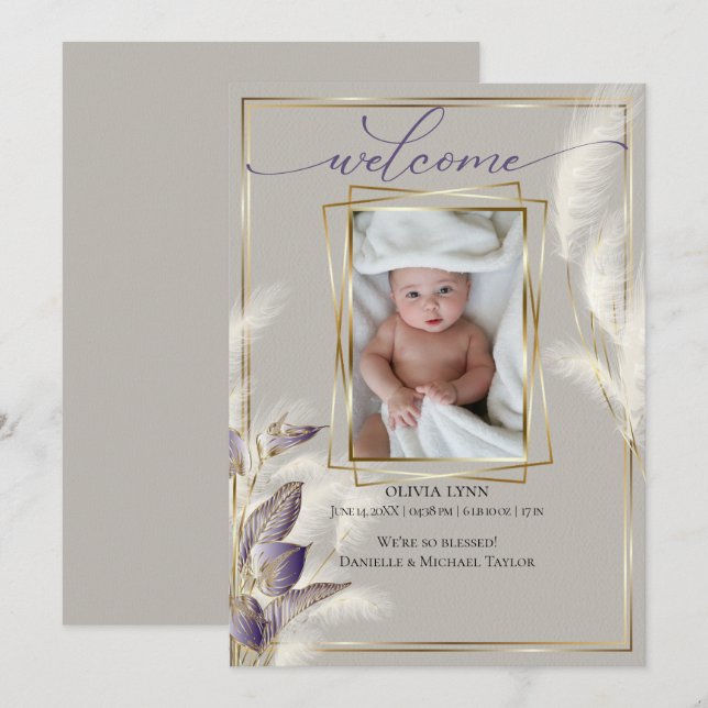 Baby Photo Birth Announcement Pampas Grass (Front/Back)