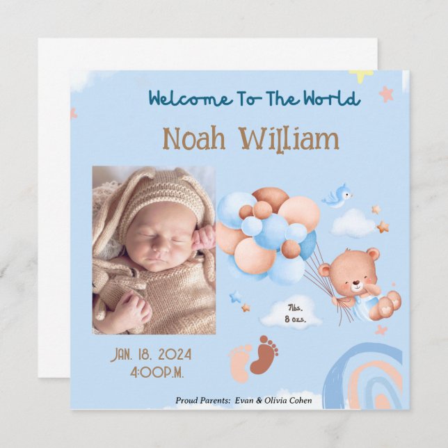 BABY PHOTO BIRTH ANNOUNCEMENT- TEDDY BEAR   SAVE THE DATE (Front/Back)