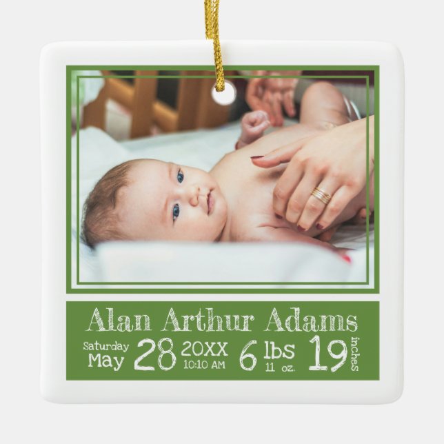 Baby Photo Birth Stats Ornament | Green Stripes (Front)