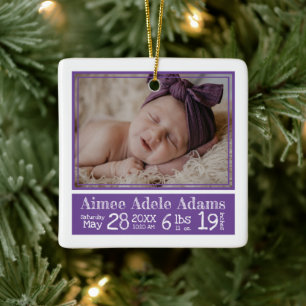 Baby Photo Birth Stats Ornament Purple Stripes