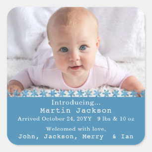 Baby Photo Blue Boy Script Birth Name Announcement Square Sticker