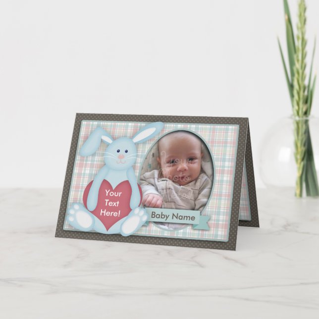 Baby Photo Card, Blue Bunny, Plaid, You Customise Announcement (Front)