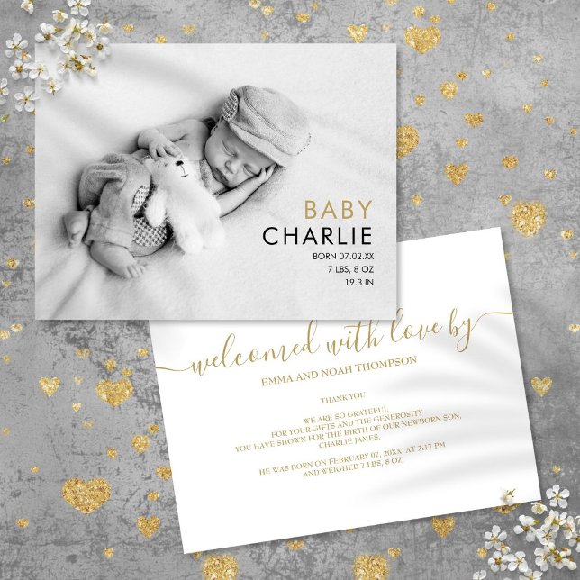 Baby Photo Chic Elegant Modern Gold Birth Announcement Postcard (Baby Photo Chic Elegant Modern Gold Birth Announcement Postcard)