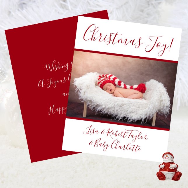 Baby Photo Christmas Joy With Names Red Holiday Card (Baby Photo Christmas Joy With Names Red Holiday Card)