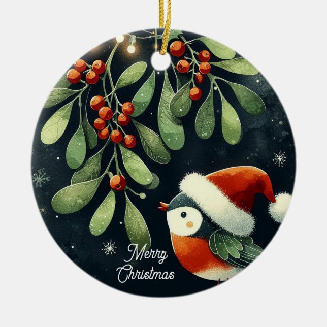 Baby Photo Christmas Mistletoe Robin Wreath  Ceramic Tree Decoration (Front)