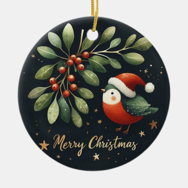 Baby Photo Christmas Mistletoe Robin Wreath Ceramic Tree Decoration (Front)