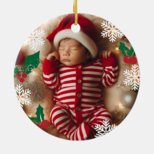 Baby Photo Christmas Mistletoe Snowflakes Ceramic Tree Decoration