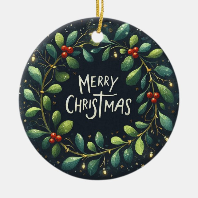 Baby Photo Christmas Mistletoe Wreath Ceramic Tree Decoration (Front)