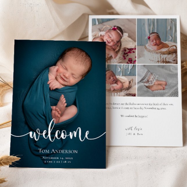 Baby Photo collage  Elegant Name Script Birth Announcement (Creator Uploaded)