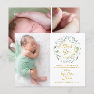 Baby Photo Collage Floral Gold Thank You Birth Announcement Postcard