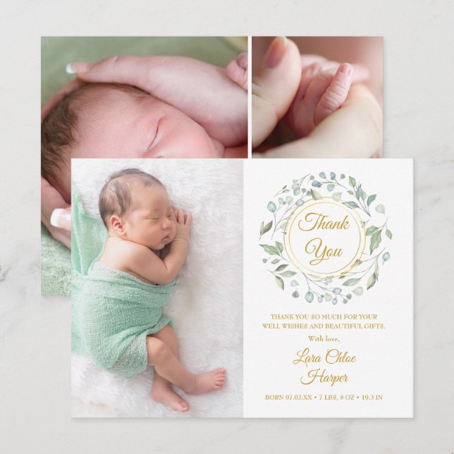 Baby Photo Collage Floral Gold Thank You Birth Announcement Postcard (Front/Back)