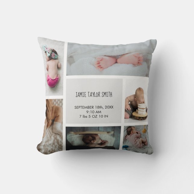 Baby Photo Collage Keepsake Name Birth Date Cushion (Front)